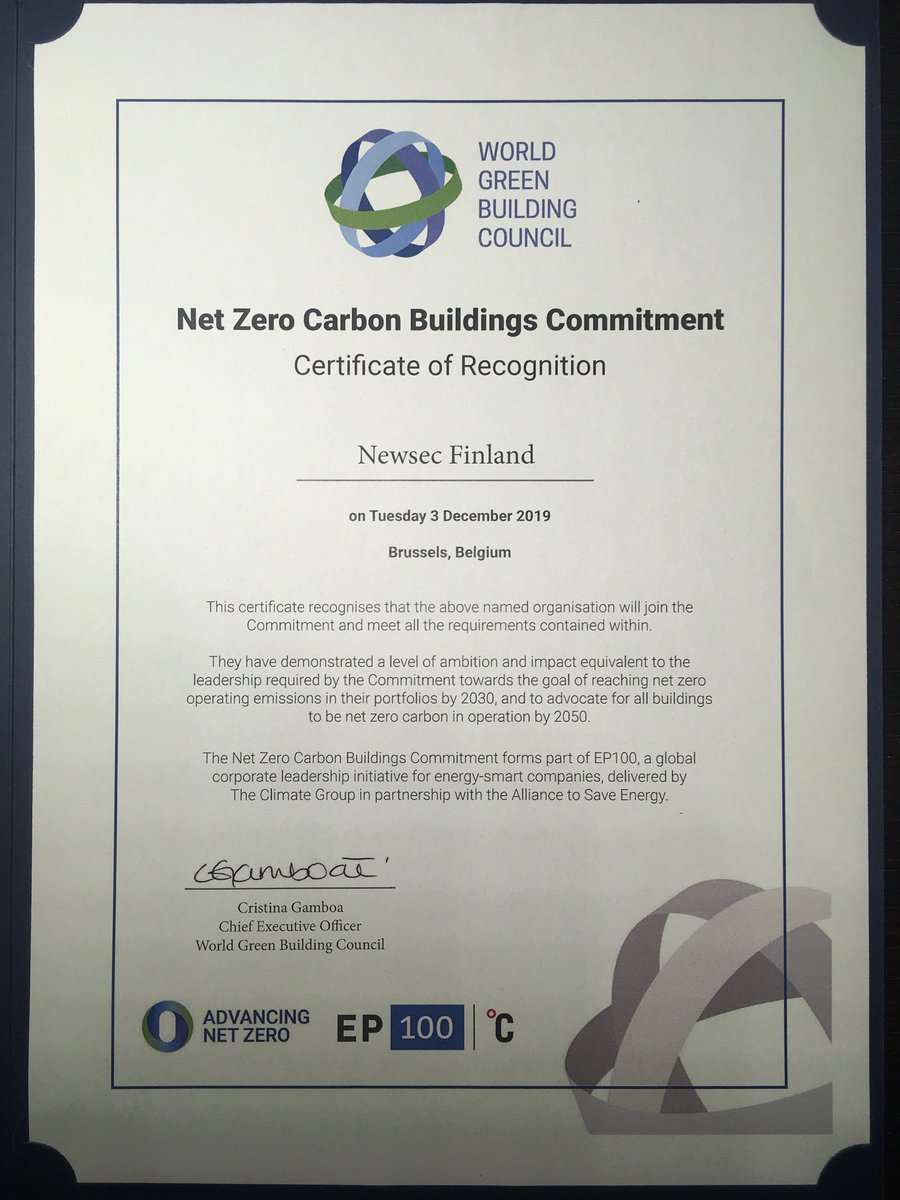 rmcgrath_new's tweet photo. Excellent to see my company Newsec signing up to the Net Zero Carbon Buildings Commitment (one of the first three organisations in Finland to do so).
#newsec #sustainability #climateneutral #climateaction #figbc #netzerocarbon #climatechange #wgbc https://t.co/yj54IrCyS3 https://t.co/vXour3IUG1