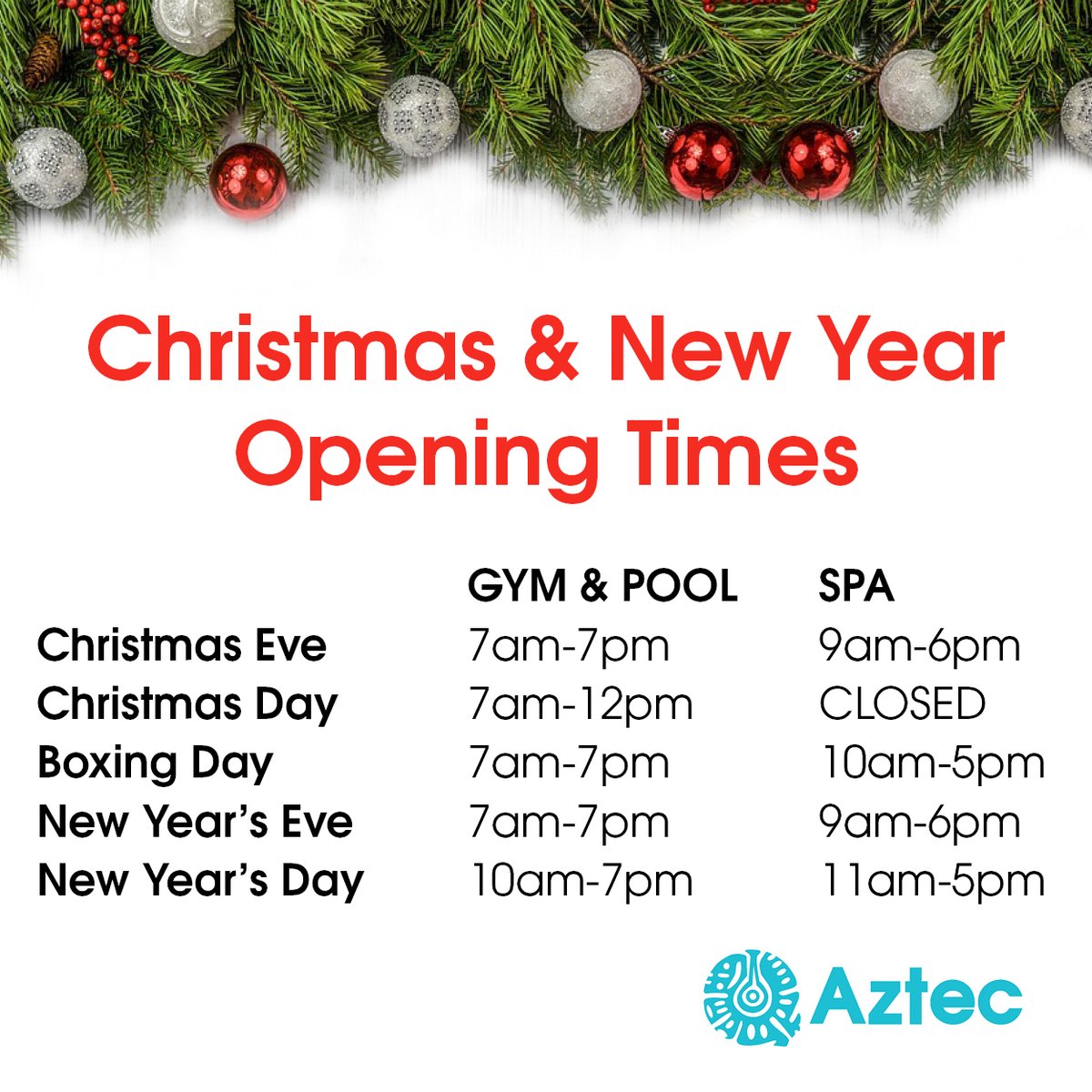 Aztec_Club's tweet photo. Come and visit us over the festive period. Take a look at our Christmas and New Year opening times for our Aztec Gym, Pool and Spa 🎅🎊🎄 

#AztecSpaLove #AztecGymGains #Torquay #Torbay https://t.co/NJBpiIaMDa