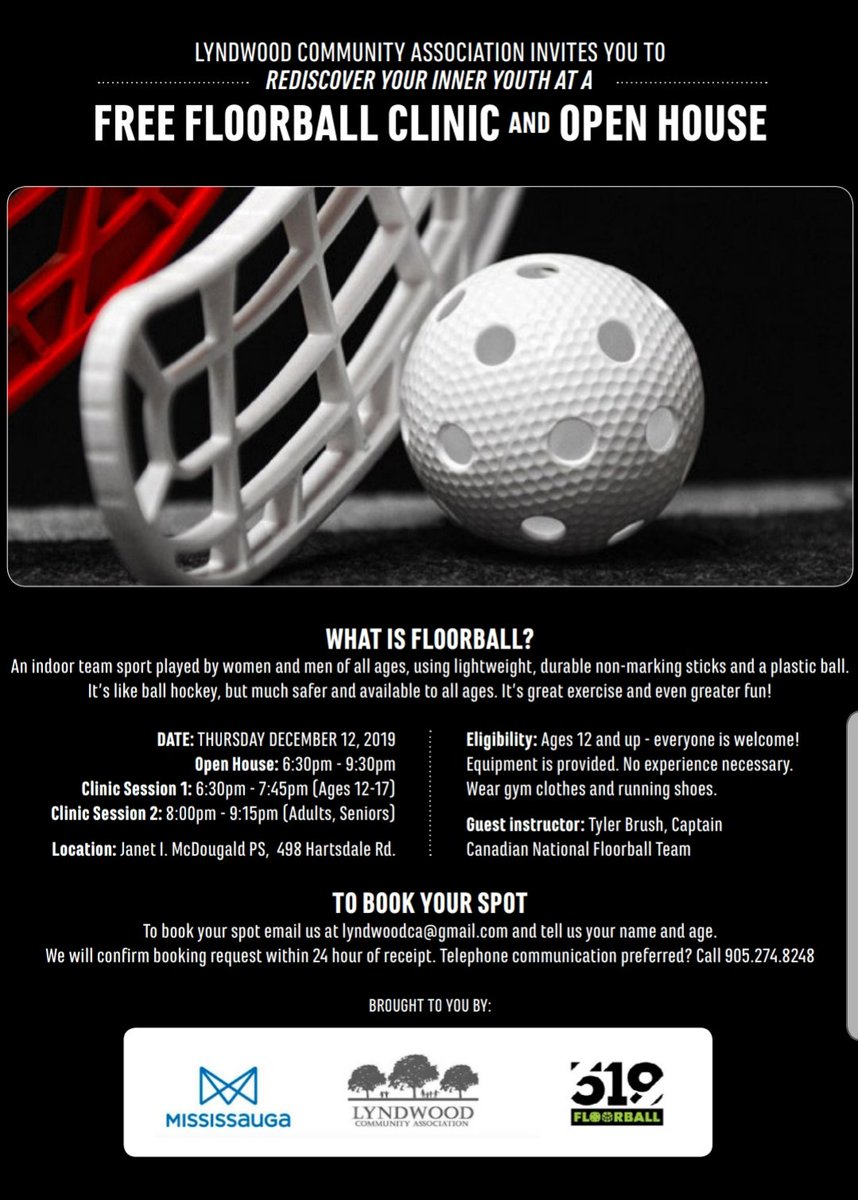 LyndwoodCA's tweet photo. We invite you to rediscover your inner youth at a FREE Floorball Clinic and Open House with special guest instructor Tyler Brush, Captain Canadian National Floorball Team on Thursday December 12th from 6:30-9:30pm. To book a spot email Lyndwoodca@gmail.com
#StayActive #LCAfun https://t.co/9EeDeSN1Cl