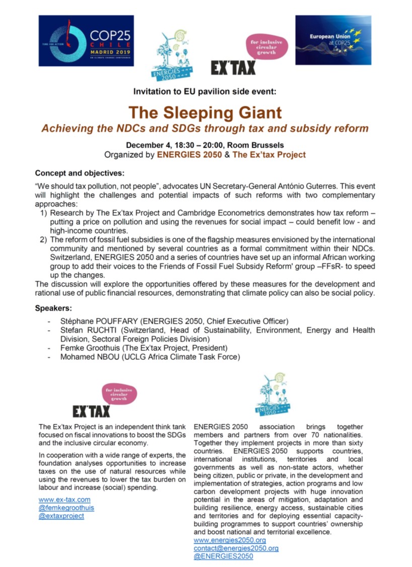 “We should tax pollution, not people,” advocates @UN Secretary-General @antonioguterres. Today at #COP25 we will talk about the opportunities of such reforms for an inclusive #circulareconomy. Join us Dec 4, 18:30-20h [Hall 8 EU Pavilion] @ENERGIES2050 @extaxproject