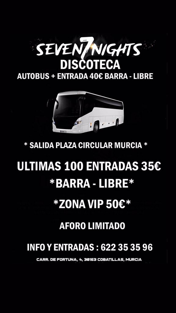 CacioBoatParty's tweet photo. 🚩ULTIMAS ENTRADAS À  35€ BARRA LIBRE 🚩 

🚍 40€ BARRA LIBRE CON CON AUTOBÚS IDA Y VUELTA, SALIDA DESDE  PLAZA CIRCULAR MURCIA 😱

🎄¿Dónde vais a pasar la nochevieja mejor  que en #DISCOTECA SEVEN NIGHTS 🎄

🛑Cualquier duda no dudéis en preguntármela.
Reservas: 678 22 48 87 https://t.co/fCpLVuwTm8
