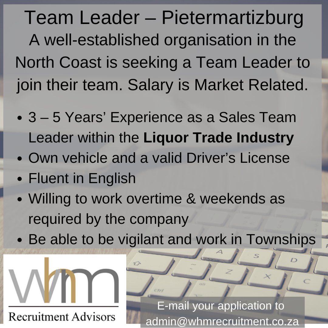 WHMRecruitment's tweet photo. Team Leader – Richards Bay
A well-established organisation in North Coast is seeking a Team Leader to join their team. Salary is Market Related. 
https://t.co/wLHDcVbeSc https://t.co/NTICnYw4Zy