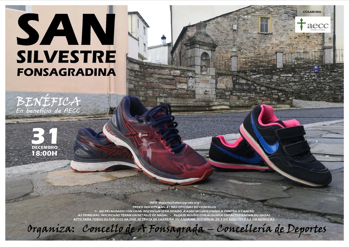 🏃‍♀️ Xa está aquí a nova edición da San Silvestre Fonsagradina! 

📝 Podes inscribirte nas oficinas do Concello de A Fonsagrada, o prezo é de 2€, dos cales a metade vai dirixido á AECC.

👵 Apto para tódolos públicos, xa que se trata de unha carreira ou andaina.