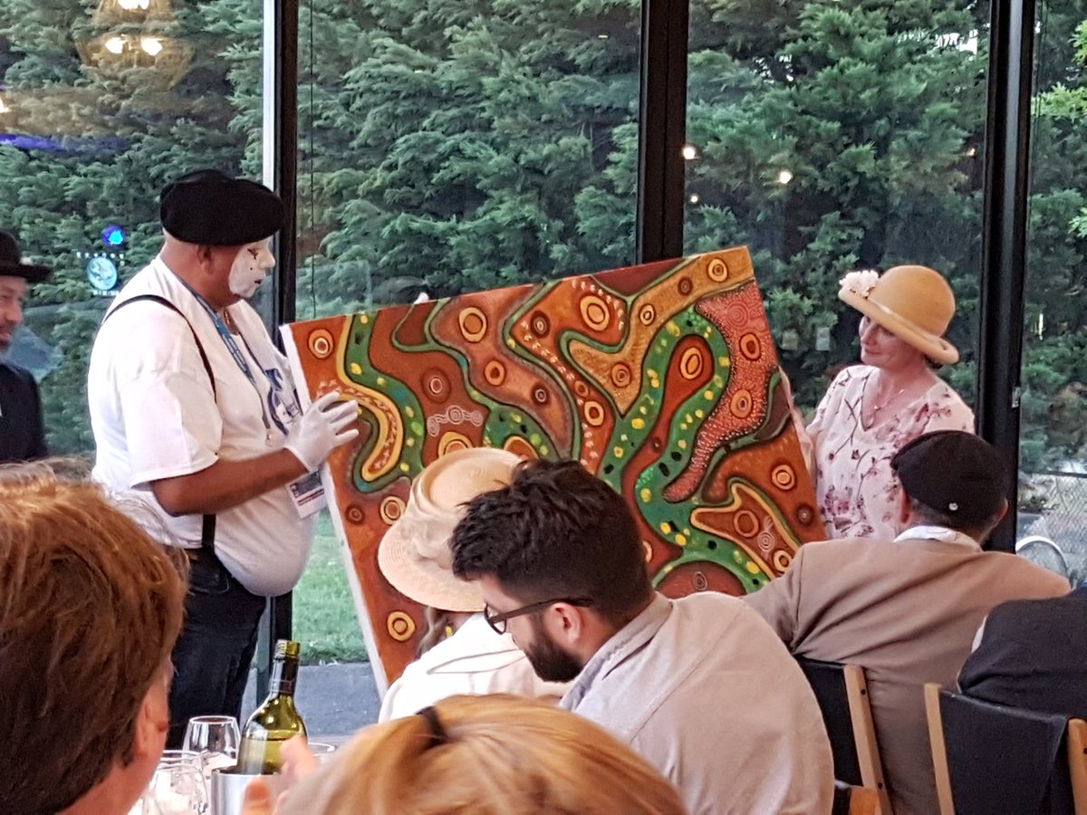 FionaDyer's tweet photo. The indomitable Uncle Phil presenting the impressive @re_lester - conference organiser extraordinaire - with a painting that we've all added to over the #AFSS2019 conference @AusFreshwater https://t.co/3cjEZPYBuX
