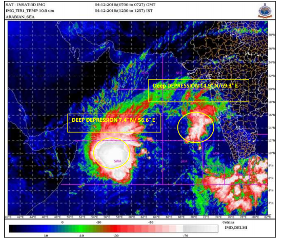 Indiametdept's tweet photo. (a) DD over EC Arabian Sea IS near 14.9°N/69.3°E about 490km WSW of Panjim. To intensify into a Cyclonic Storm during next 12 hours. 
(B) DD over SW Arabian Sea is near  7.4°N/56.6°E, about 650 km S-SE of Socotra (Yemen). To intensify into a Cyclonic Storm during next 06 hours https://t.co/wDf3z2Lmc3