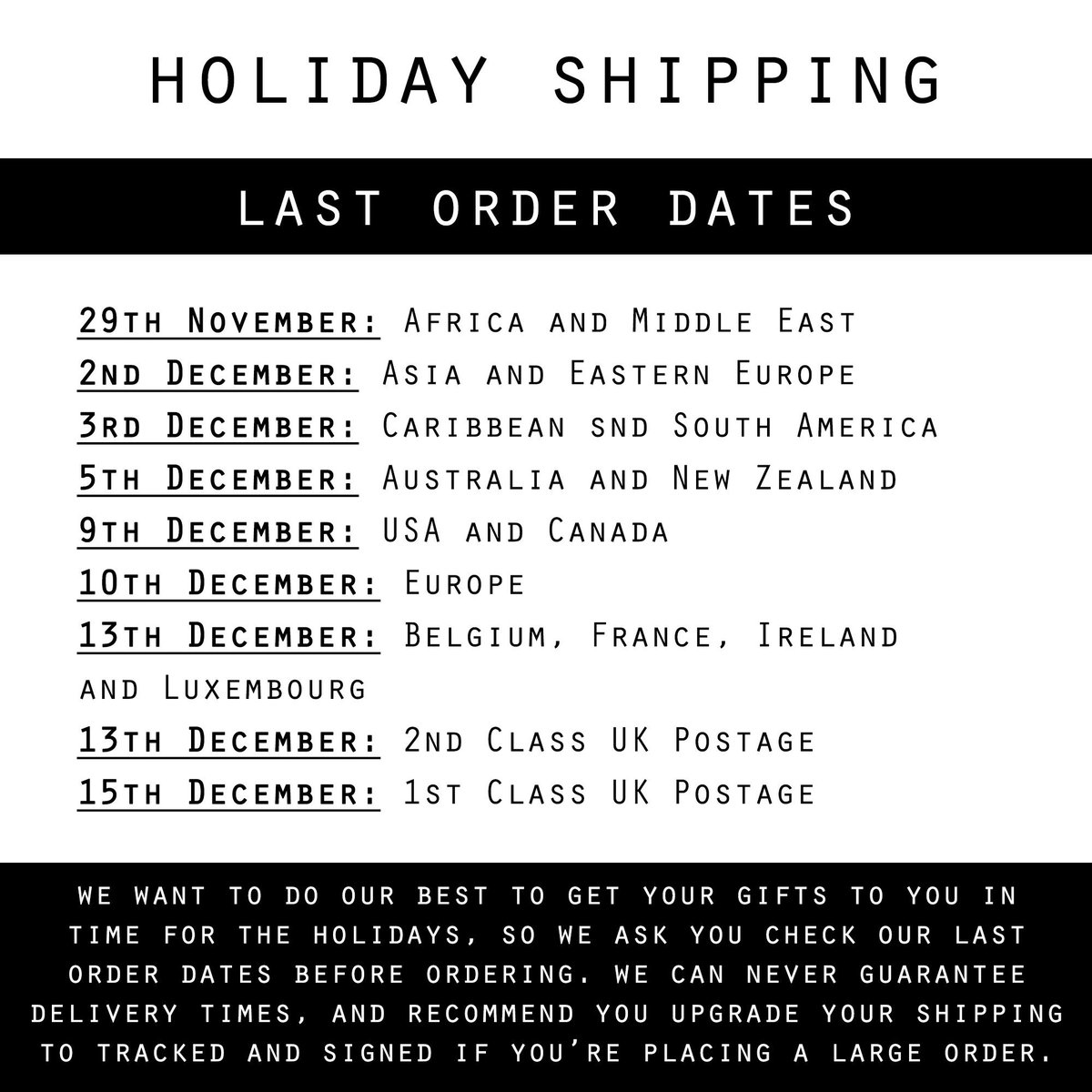 These are our last shipping dates for 2019 in case you’re looking to get something in time for the holidays! 🎁✨