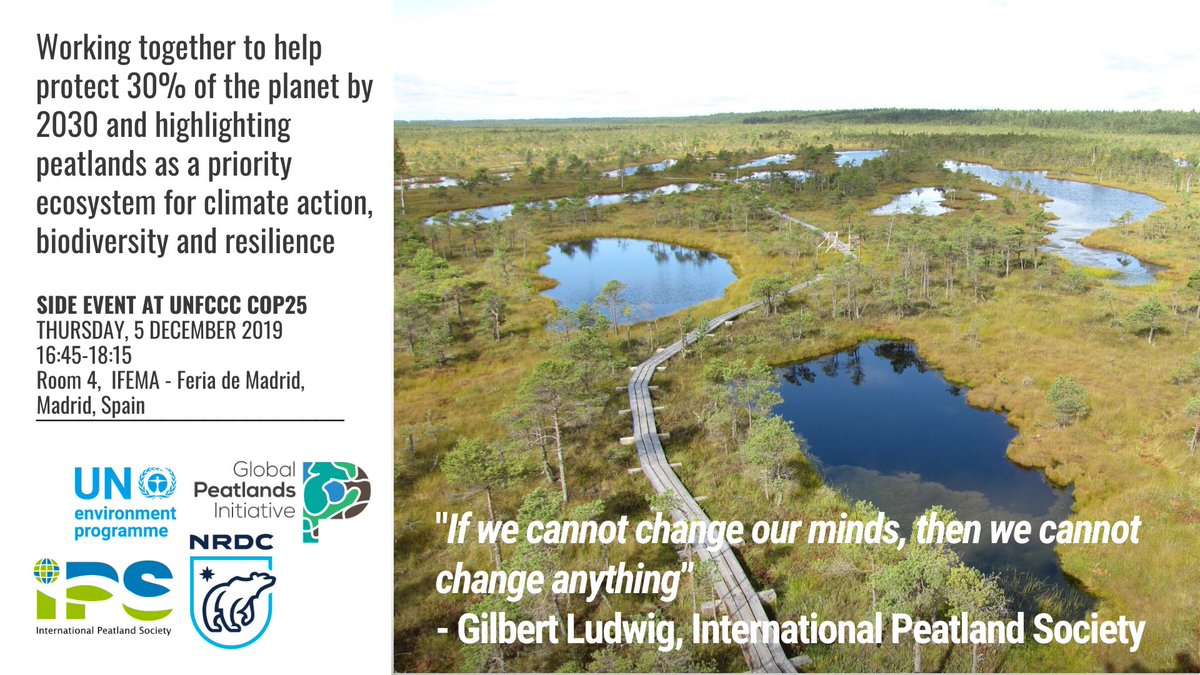 Join the #GlobalPeatlandsInitiative @UNEP @peatlandsociety & @NRDC for this exciting event on Thursday 5th December @UNFCCC #COP25 to hear why #PeatlandsMatter as priority #NatureBasedSolutions for #ClimateAction by exploring #MEA synergies.
@DiannaKopansky @GilbertLudwig