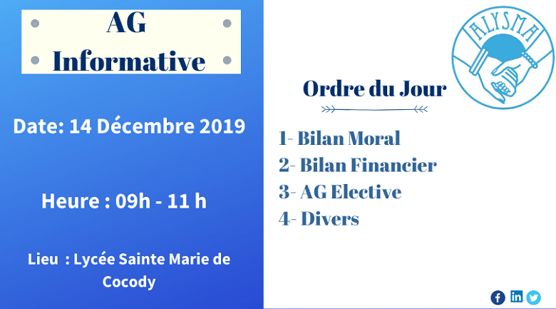 #IMPORTANT #info
La présidente de l'Amicale des Anciennes du Lycée Sainte Marie de #Cocody #ALYSMA , Maïmouna KONATE <a href="/MouiMai/">Maimouna K</a> , convie les membres à une AG informative le Samedi 14 Décembre 2019  de 09H à 11 H au Lycée Sainte Marie de Cocody . 1/3
#FiereAlysma #Bilan #civedu
