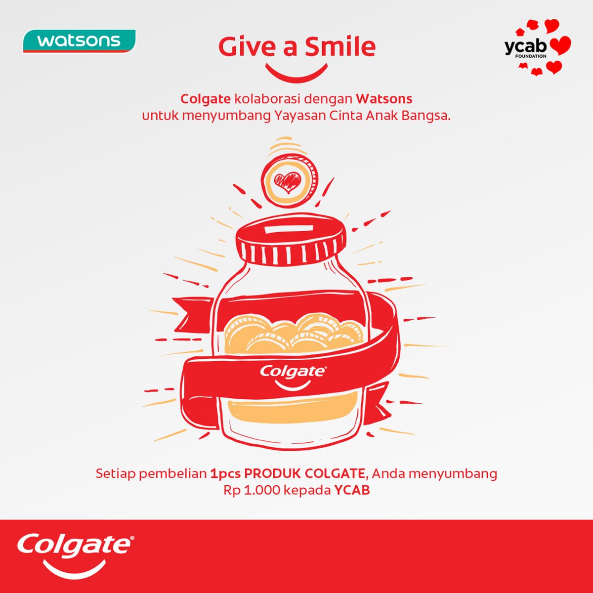 ycabfoundation's tweet image. Colgate dengan produk higenitas mulut seperti pasta gigi, sikat gigi, dan pencuci mulut, bekerja sama dengan Watsons dan YCAB. Dengan membeli satu produk Colgate di semua toko Watsons, kamu sudah menyumbang Rp 1.000 untuk Rumah Belajar YCAB. 

#ycabfoundation #smilewithcolgate