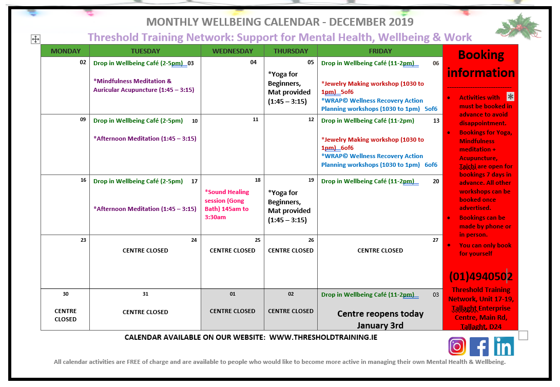 #DecemberCalendar #WellbeingActivities Remember your loyalty card - after 10 activities you can enter our #monthlydraw to win a €20 voucher for a local cinema. #SupportForMentalHealth