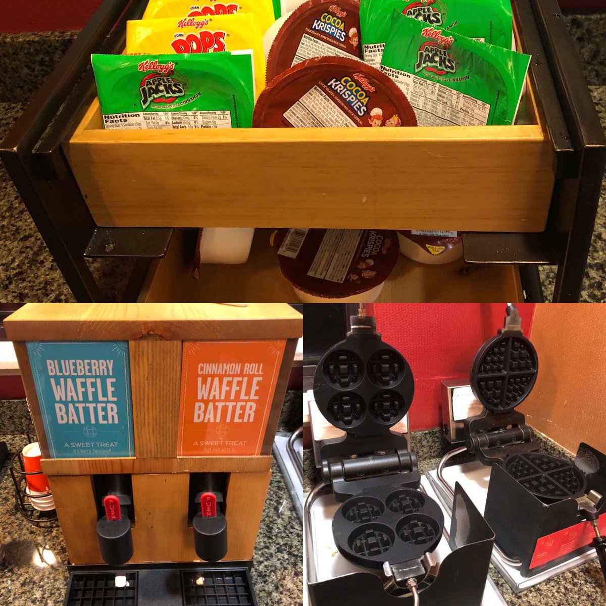I had breakfast at a hotel this past Monday. This hotel featured Chobani yogurt smoothies with paper straws, pressed juices, a cutie mini fridge. Oh, and chopped chocolate mints for the waffles, which were blueberry or cinnamon roll. I wanted to drink the raw batter, lol.