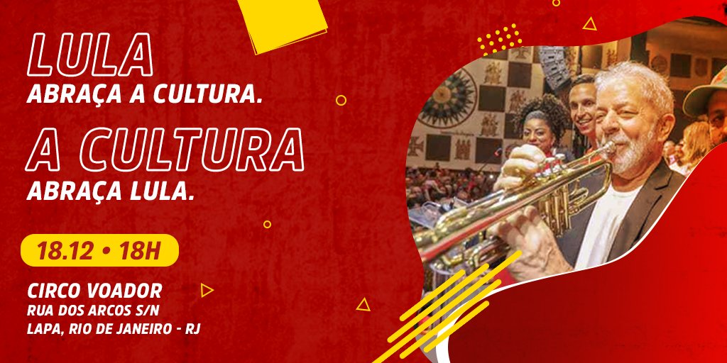 ptbrasil's tweet photo. Lula estará no Circo Voador, no Rio de Janeiro, abraçando e apoiando a cultura!
Participe desse ato no dia 18 de dezembro, a partir das 18h. https://t.co/grilS545xI
