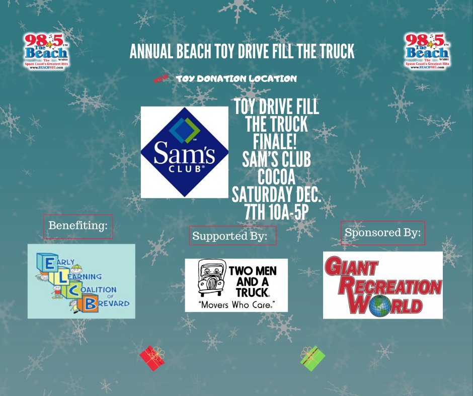 Join 98.5 The Beach, Giant Recreation World, Two Men and a Truck and The Early Leaning Coalition for our final Fill the Truck event at Sam's Club in Cocoa Dec. 7th from 11-5.