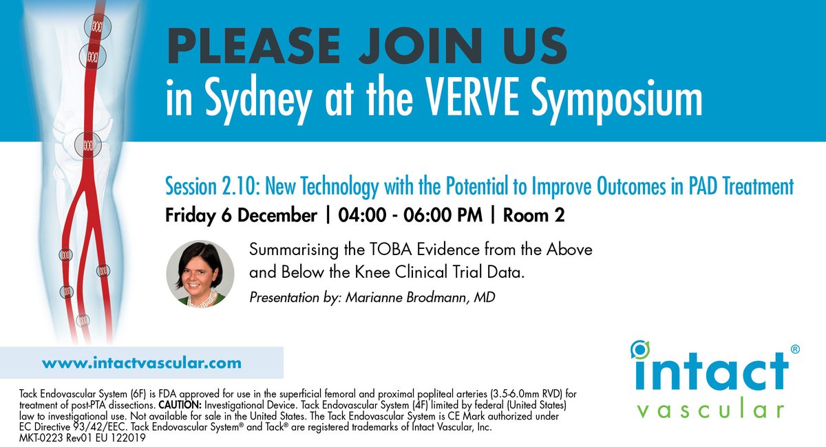 Join us <a href="/VERVEsymposium/">VERVE Symposium</a> for a presentation by Marianne Brodmann, MD on the above- and below-the-knee TOBA study results for the Tack Endovascular System®. #DissectionsMatter #PAD

 Benefit/risk info: tinyurl.com/y2npbppm