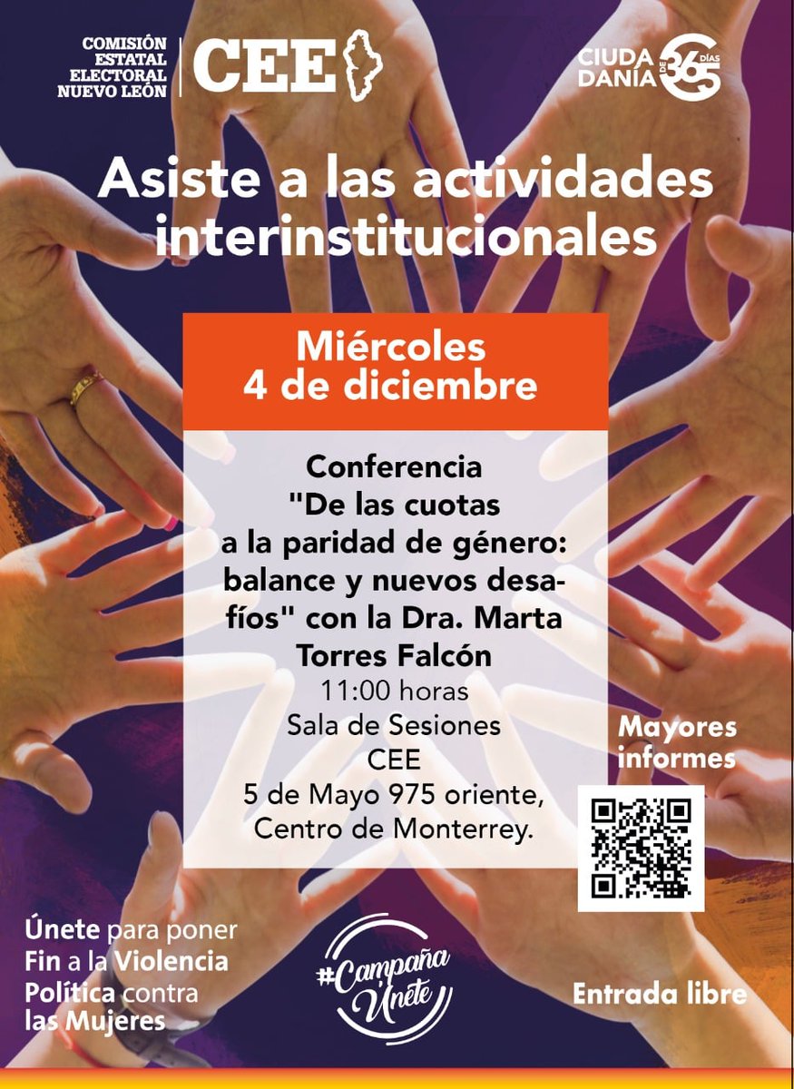 #HOY

Conferencia: "De las cuotas a la paridad de género: balance y nuevos desafíos", impartida por la Dra. Marta Torres Falcón.

🕧 11:00
📍 Sala de Sesiones de la @ceenlmx  

Únete para Poner Fin a la Violencia Política contra las Mujeres.

#CampañaÚnete
#Ciudadanía365
#CEENL