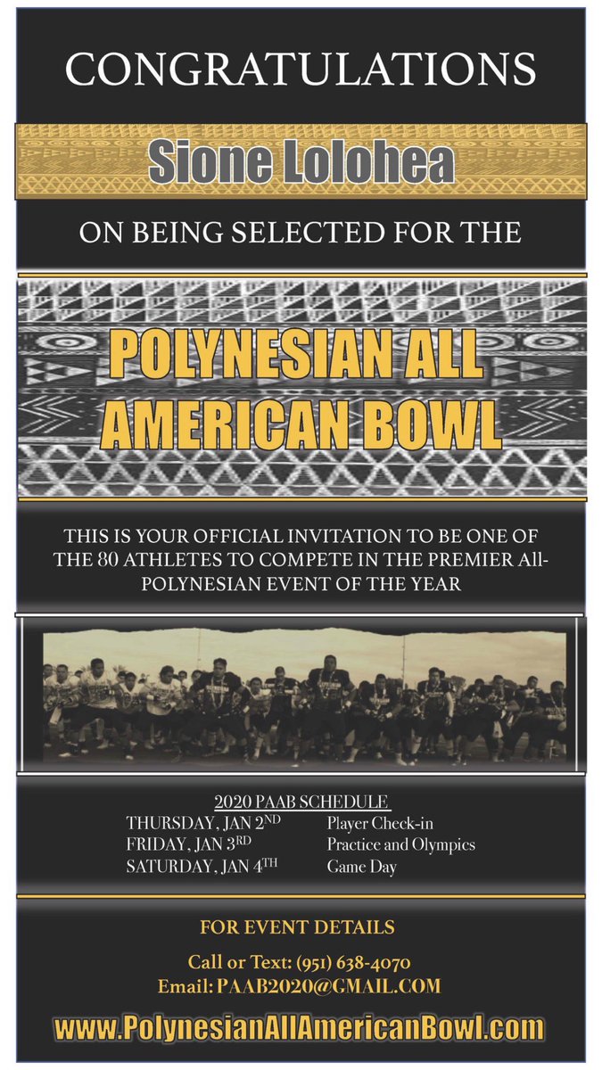 Blessed to receive an invite to the Polynesian All American Bowl and represent my culture 🇹🇴
<a href="/polynesiabowl/">adidas POLYNESIAN BOWL</a> 
MALO SISU🙏🏻🙏🏻