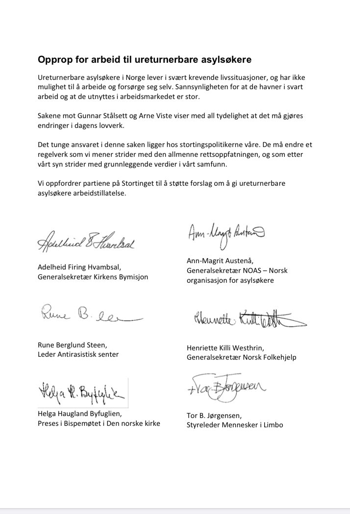 Vår oppfordring er klar: Ureturnerbare asylsøkere må få arbeide! <a href="/NOASorg/">Norsk organisasjon for asylsøkere (NOAS)</a> <a href="/Antirasistisk/">Antirasistisk Senter</a> <a href="/kirken/">Den norske kirke</a> <a href="/norskfolkehjelp/">Norsk Folkehjelp</a>