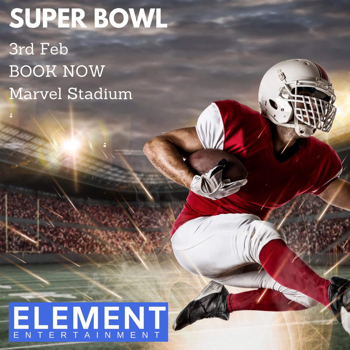Watch Super Bowl LIV at Marvel Stadium, there is no other place in the country that is better.  

Be amongst the atmosphere of an amazing stadium with heaps of giveaways, gift bags. BIGGER-BETTER-BOLDER. TICKETS @ ELEMENT ENTERTAINMENT WEBSITE
inyour.elemententertainment.com.au/event/Super-Bo…