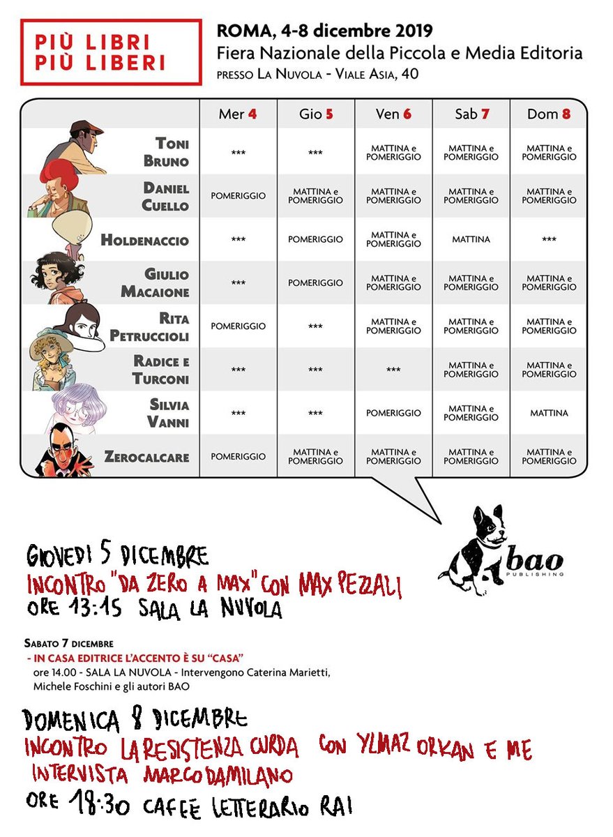 zerocalcare's tweet photo. Da oggi pomeriggio a domenica sera mi tombo alla fiera dell'editoria PiùLibriPiuLiberi, a Roma, a fare disegnetti.Mi alzerò solo per i tre incontri indicati nella foto--> https://t.co/Pf2EzKFY7Z