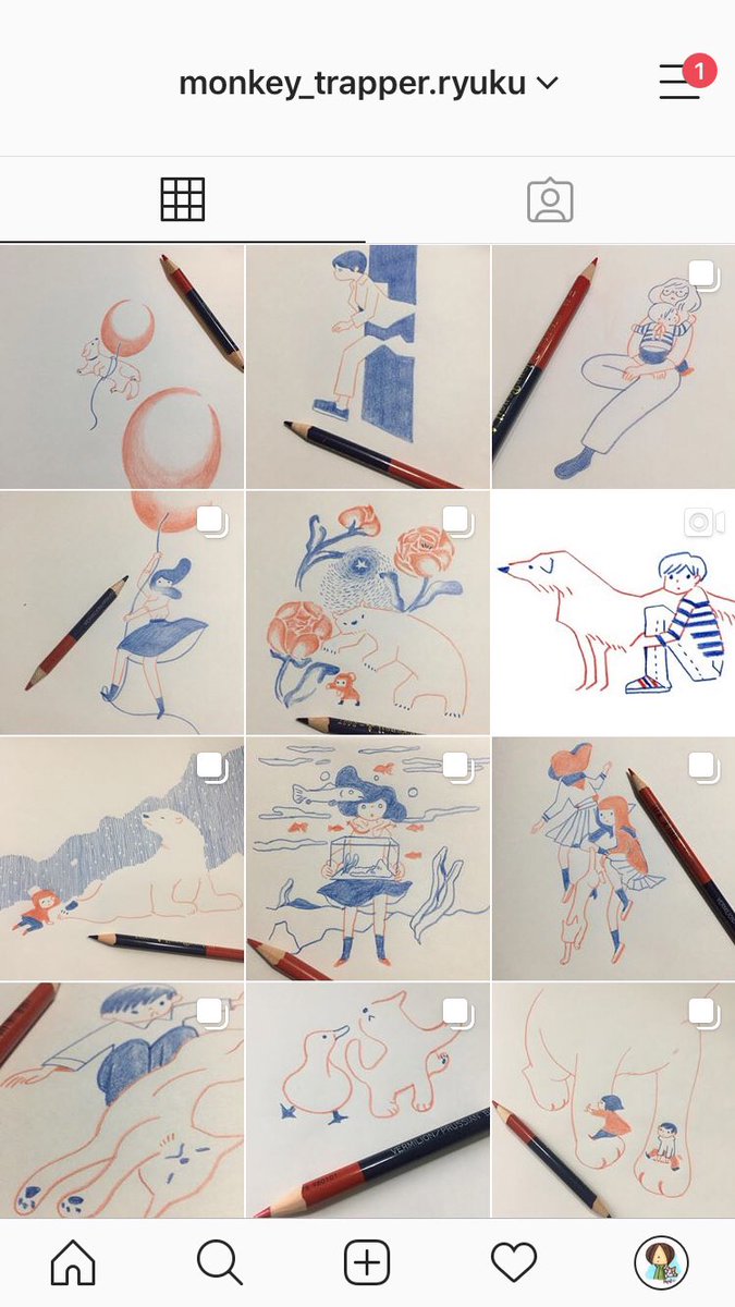 Instagram では赤青鉛筆のイラストのみを掲載。写真なので色にバラツキがあるのですが〜投稿のお手軽さでつづけられています。...というところに今回グリット風な投稿。左の立て2枚。もう一枚上に追加される予定です。※アプリ使ってない(別々に描いています)のでズレあり。 https://t.co/nMsgb76wlY 