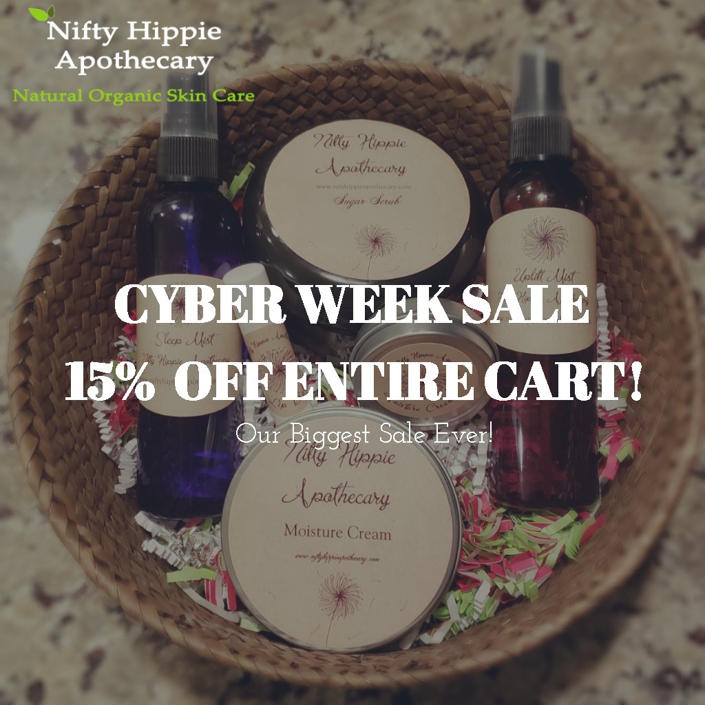 niftyhippieapot's tweet photo. CyberWeek 15% Off Your Entire Cart! Our BIGGEST Sale Ever! #CyberWeek #CyberMonday2019  #blackfriday #amazon #skincare #skincareroutine #naturalskincare #organicskincare #skincareproducts #clearskin #cream #antioxidant #jojobaoil #organic #naturalbeauty #gift #Christmas https://t.co/GHNmvtgVQQ