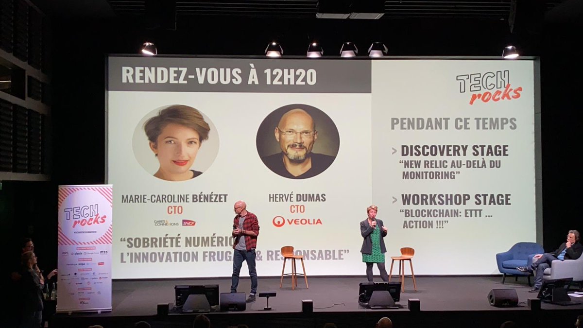 TechRocksFr's tweet photo. La sobriété numérique et l’innovation frugale responsable c’est maintenant en #MasterStage avec @mariecaroline CTO/CDO de @SNCF @ConnectGares & Hervé Dumas CTO de @Veolia ! https://t.co/wyJg1nQEvz