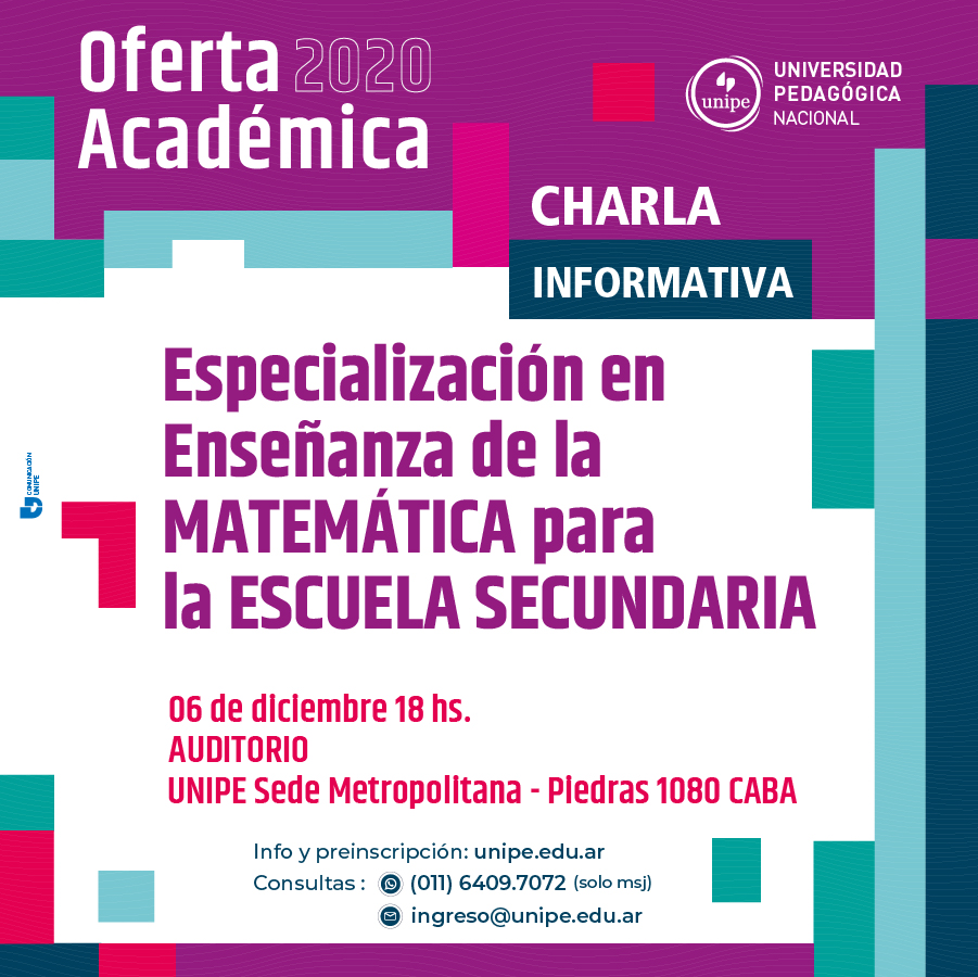 Difundimos ‼️

Charla informativa de la #Especialización en Enseñanza de la #Matemática para la #EscuelaSecundaria ⬇️

unipe.edu.ar…/especializacion-en-la-ensenanza-de-l…

📆 Viernes 6/12
⏰ 18 hrs.
📍 Sede Metropolitana: Piedras 1080 - CABA -

¡Lxs esperamos! 🙌