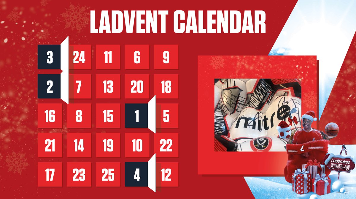 Ladbrokes's tweet photo. 🚨 WIN A SIGNED #SUFC BALL! 🚨 

Signed by captain @billysharp10 and his @SheffieldUnited teammates. 

For your chance to win, all you have to do is:

1️⃣ Make sure you're following 
2️⃣ Retweet this post 
3️⃣ Comment #LadventCalendar 

T&amp;Cs > https://t.co/7IgsNJJvGx https://t.co/6duXcOoUet