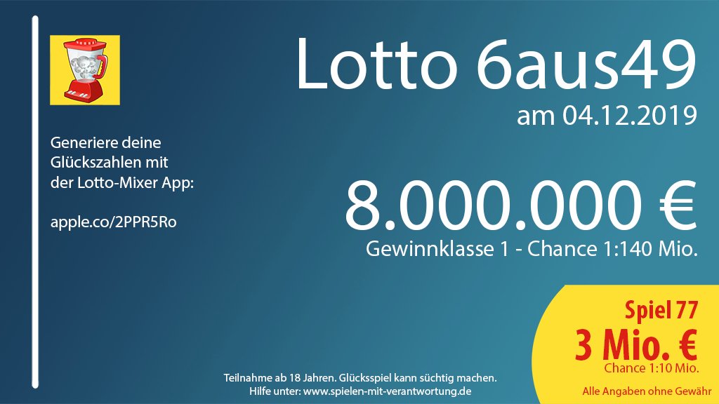 LottoMixer's tweet photo. #Lotto #6aus49 heute mit 8 Mio. € im #Jackpot #generiere deine #Glückszahlen mit unserer App: 

https://t.co/94zoOu64r6 

#gluecklichmacher #Lotterie #vielglück #Lotto6aus49 #Lottolove #Lottostar #Lotto49 #Lotto649 #LottoWin #Lottowatch #iOsApp https://t.co/ArFui99fWJ