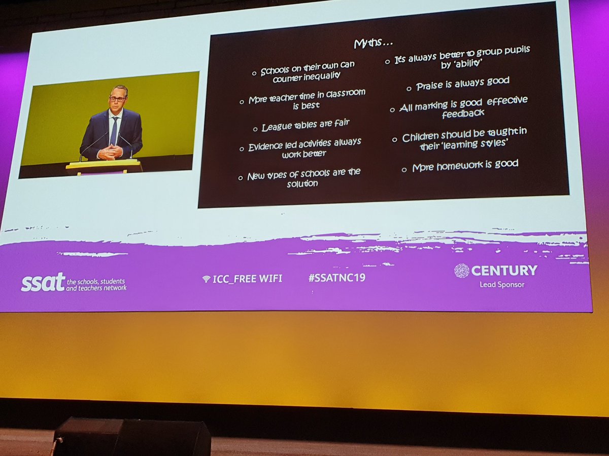 LeadingLearner's tweet image. Interesting slide from Professor Lee Major; some of the myths about what schools can do to improve equity #SSATNC19