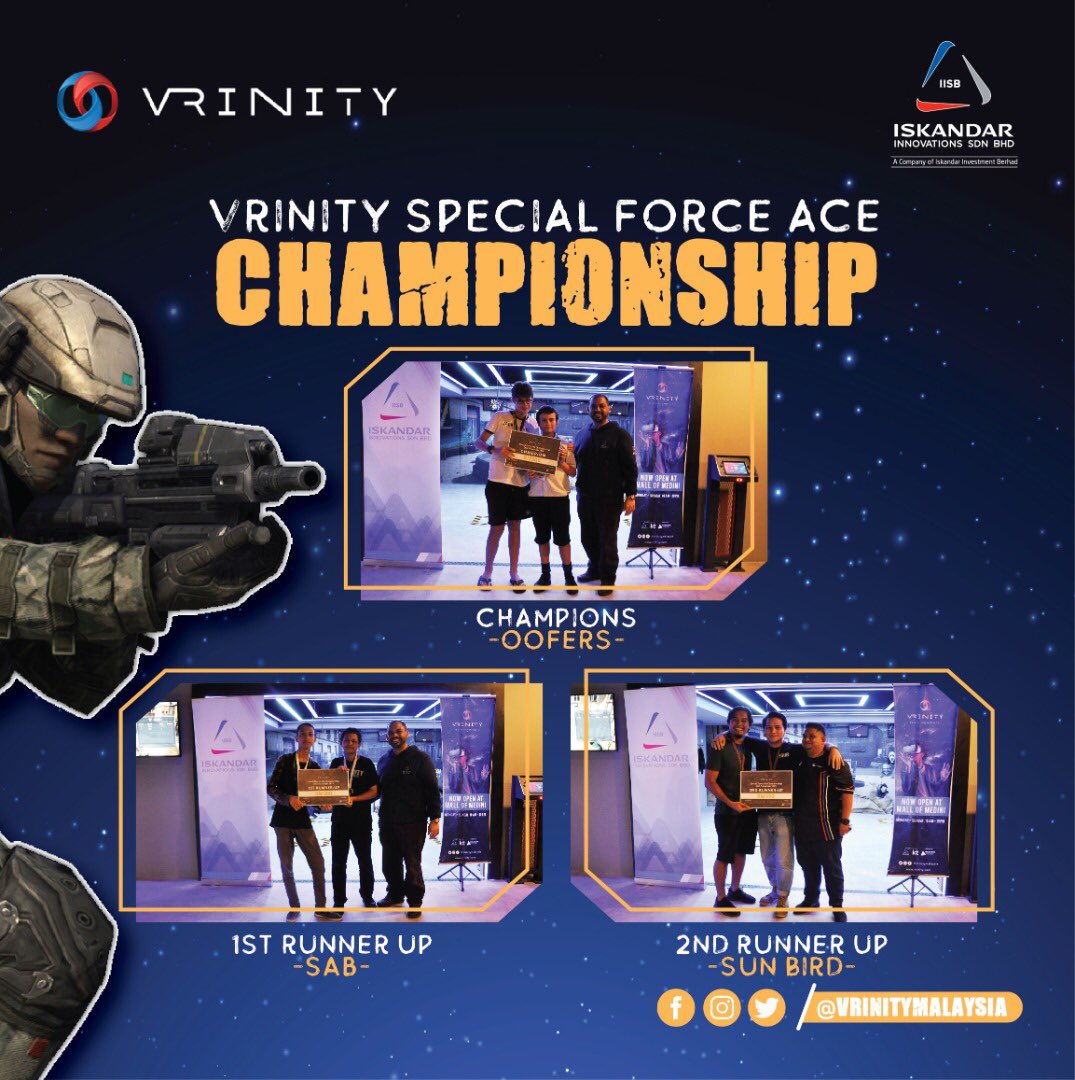 habsukan's tweet image. Tahniah diucapkan kepada semua pemenang VRINITY SPECIAL FORCE ACE CHAMPIONSHIP yang berlangsung pada 29 November 2019 bertempat di Mall Of Medini, Iskandar Puteri. Keputusan penuh:

Champions: OOFERS 🥇
1st Runners Up: SAB 🥈
2nd Runners Up: SUN BIRD 🥉

#digitaliib #ipactive