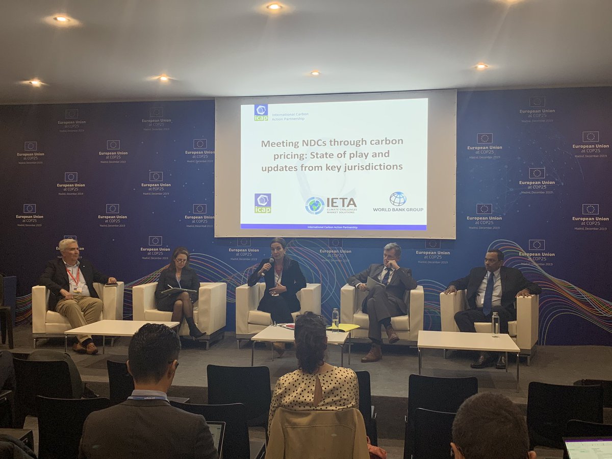 Lisa DeMarco (@lisaelisabethd) speaks with global emissions market leaders at a #COP25 side-event at the EU Pavilion on meeting #NDCs through #carbonpricing. 

@ICAPSecretariat @IETA @WBG_Climate
#EUeventsCOP25 @EUClimateAction