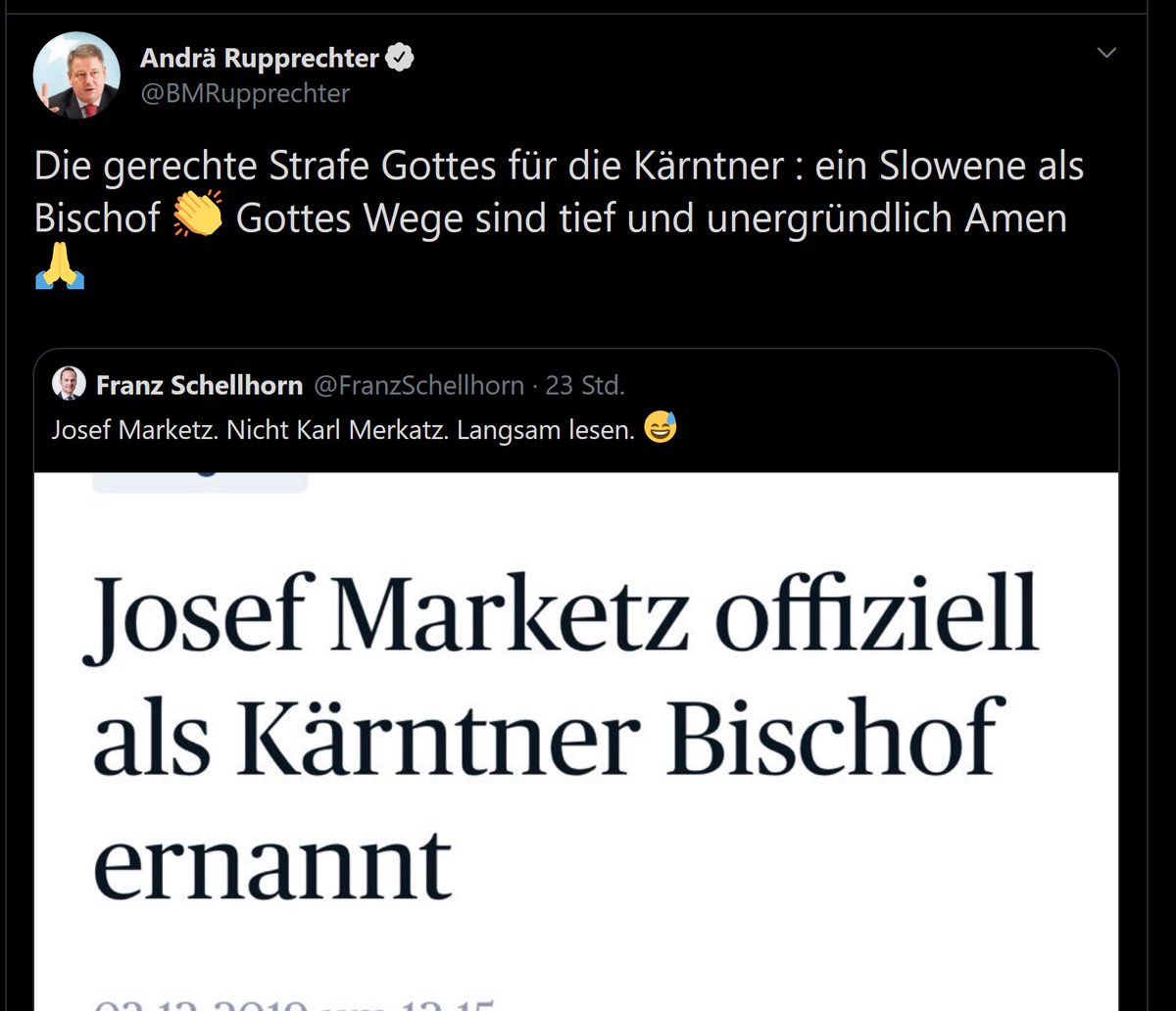 Lieber @BMRupprechter! Diese Aussage ist eine Beleidigung für uns Kärntner u. unsere Volksgruppe. Ich kenne und schätze Josef Marketz als umsichtigen u. entschlossenen Menschen. Ich wünsche unserem neuen Kärntner Bischof von Herzen alles Gute in dieser hohen kirchlichen Funktion.