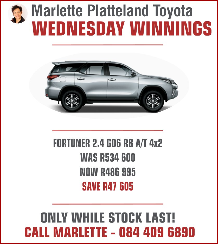 📣Marlette's Wednesday Winnings📣

Save a winning R47 605 on this offer!

Offer valid while stock last-call me to secure yours (084 409 6890), I deliver anywhere in S.A

#SpecialDeal #discountoffer #Fortuner #lovemyjob #Mzansi #SouthAfrica #Toyota  #WednesdayThoughts