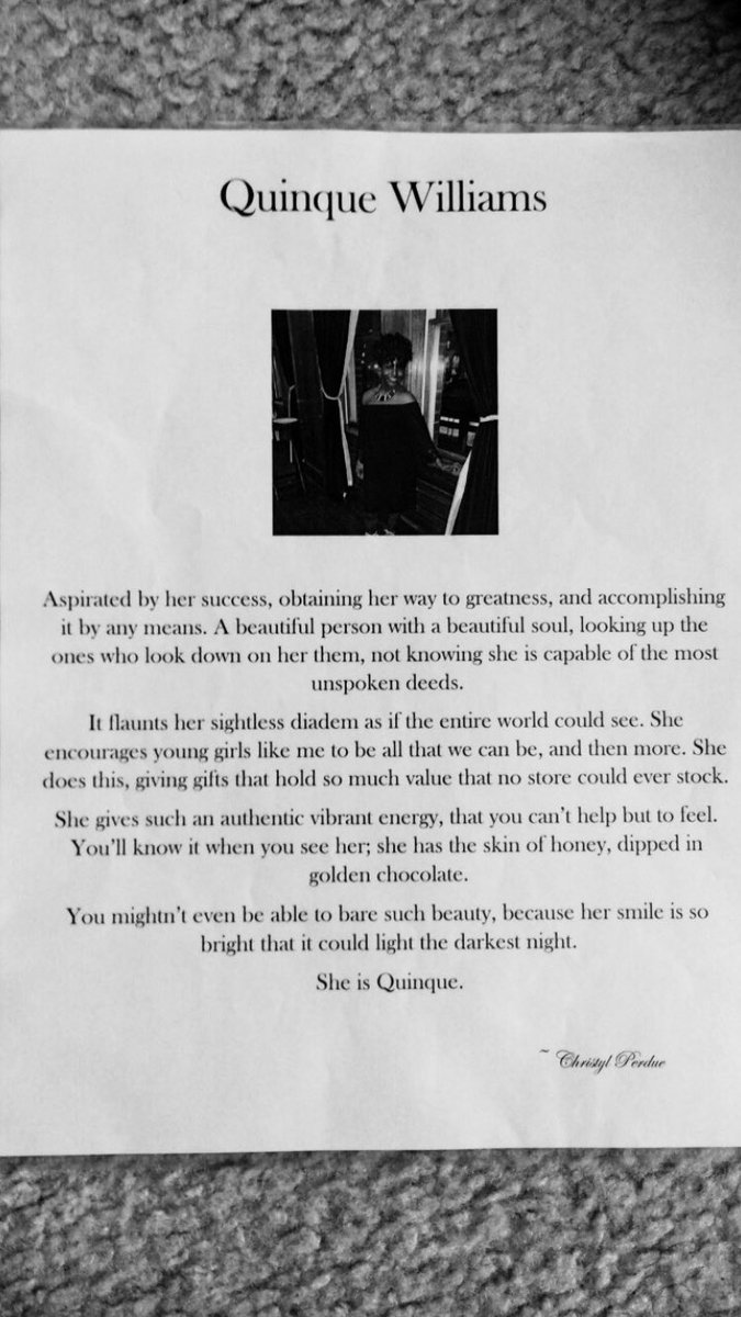 QuinqueWilliams's tweet photo. My senior year in highschool (2017), a girl by the name of Christyl Perdue (a freshman who I viewed as a little sister) wrote a poem about Me. Moral of the story... go hard, be yourself, be kind, smile, lead by example, and most importantly, THANK GOD! 🙏🏾🥺 https://t.co/of2uQIqrys