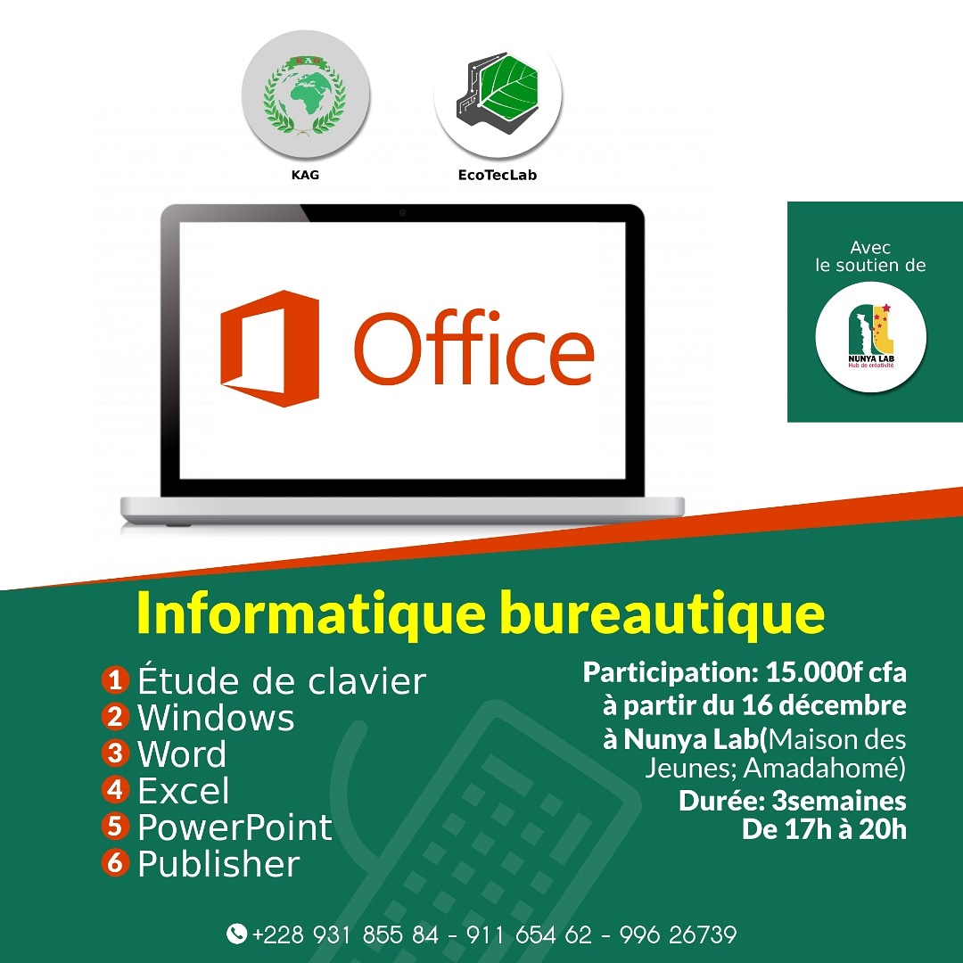 NunyaLab's tweet photo. Dans l'objectif de permettre à tous les jeunes d'avoir un bon niveau en informatique bureautique, #KAG & #EcoTecLab organisent avec le soutien de #NunyaLab une formation dont voici
le lien pour s'inscrire : https://t.co/PzV6GdeAN9
@Ousiafb @DogbeVictoire
#Togo #Informatique https://t.co/hKB9HNm12p