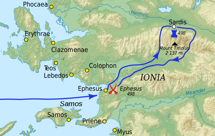 The Athenians led a campaign against the Achaemenid capital of Sardis in Asia Minor in 498 BC, during the Ionian revolt.The revolt was eventually crushed by the Persian forces (after six years) and triggered the Greco-Persian wars.