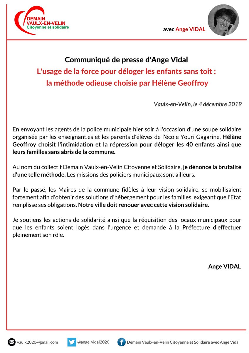 angevidal2020's tweet photo. 🔴 [COMMUNIQUE DE PRESSE/GAGARINE] L’usage de la force pour déloger les enfants sans toit : la méthode odieuse choisie par Hélène Geoffroy.

Soyons nombreuses et nombreux à 18h30 à l’école Gagarine pour manifester notre solidarité.

@jamaissanstoit #vaulxenvelin https://t.co/BZGifiuZi9