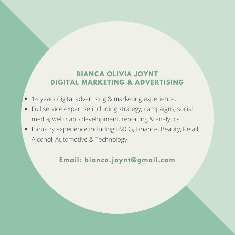 BiancaJoynt's tweet photo. Know of anyone looking for an experienced digital marketer? I'm available! #DigitalMarketing #advertisingagency #JobSeekersWednesday #JobSeekersSA #Employment https://t.co/piSj0BlQ1l