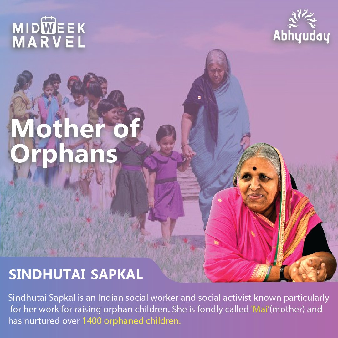 Abhyuday_IITB's tweet photo. This edition of #MidweekMarvel, meet Honourable Sindhutai Sapkal, also known as #MotherofOrphans. She is a Social Activist known for her work for raising orphan children. During her whole life she didn't lose hope and always stood for the orphans and the needy ones. #AbhyudayIITB https://t.co/VKiF7SD3fG