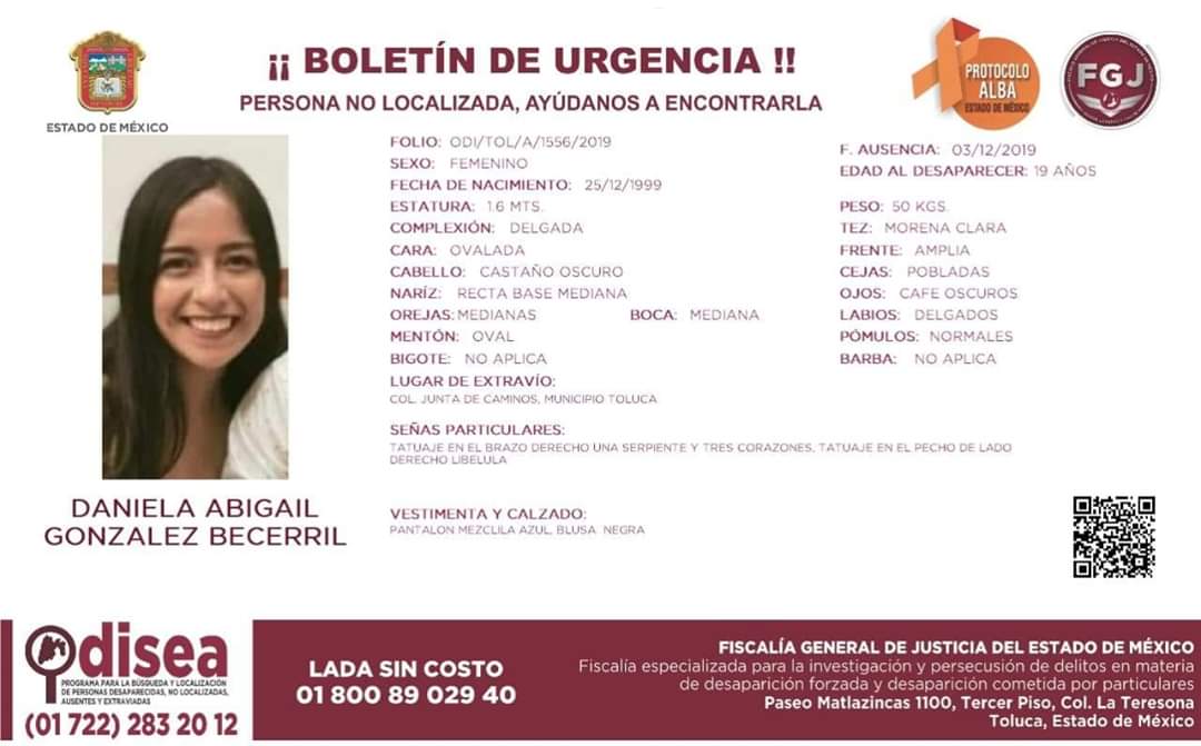 LOVREGA's tweet photo. No solo es Karen, en Toluca desapareció Daniela Abigail González Becerril. Ella pidió ayuda y envío una foto en la que aparece con sangre en el rostro. Favor de difundir.

Caray, esto es una pesadilla. ¡Ya basta! Dejen de simular, hagan algo.

#TeBuscamosKaren https://t.co/1zEDxnEqA4