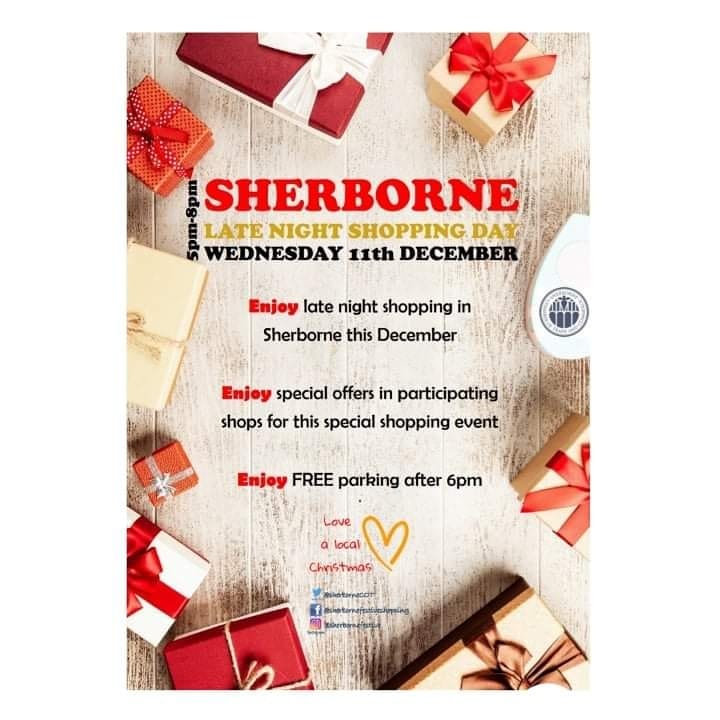 A week today is #latenightshopping in Sherborne. Shops will be open late with several holding special events. Take advantage of the free parking after 6pm and tick off some of those Christmas presents 🎄🎅🎁☃️