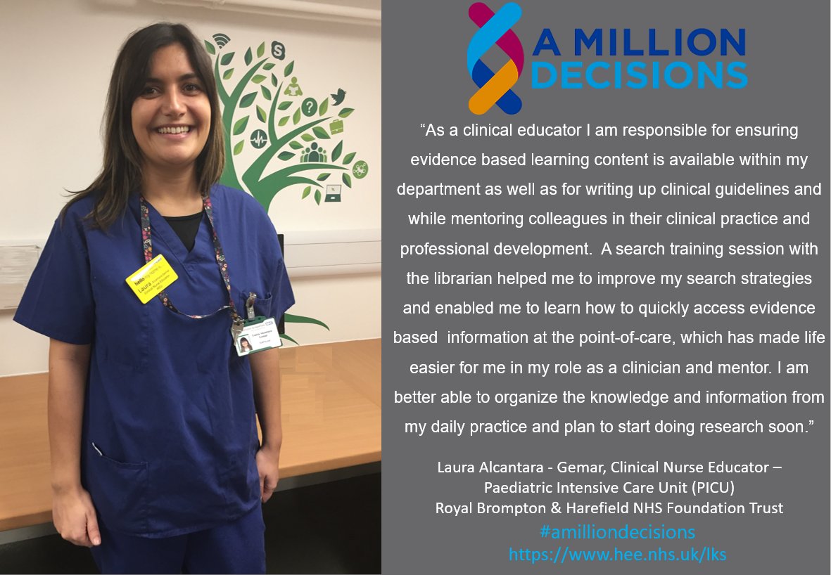 #AMillionDecisions  #HEELKS  #HealthLibraries Search training helped me improve my database search strategies ... am responsible for ensuring #evidencebased learning &amp; clinical mentoring - Laura Alcantara-Gemar, Clinical #Nurse Educator PICU Paediatric Intensive Care Unit <a href="/RBandH/">Royal Brompton and Harefield</a>