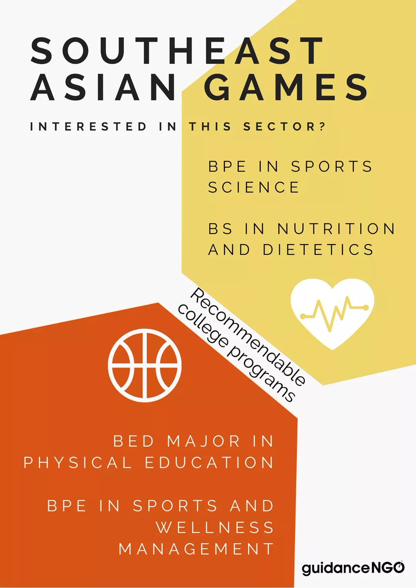GuidanceNgo's tweet photo. SEA Games caught your attention? Well, here are some possible college programs you can pursue to develop the sports industry in the Philippines.

Follow us on IG and FB @guidancengo.

#SEAGames2019 #SoutheastAsianGames #WeWinAsOne #GuidanceNGO #SportsCollege #StudySports https://t.co/VlyBsM3QFY