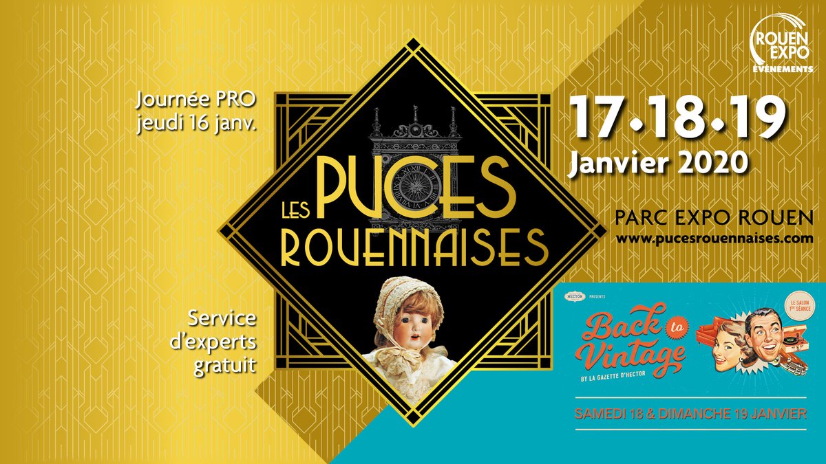 La 39ème édition des #pucesrouennaises est à retrouver au #parcexporouen du 17 au 19 janvier 2020 ! 📅😊🖼

Et cette année, le salon #backtovintage aura le sam. 18 et dim. 19 Janvier au même moment que les Puces ! 🎙📻

Billetterie en ligne : ticket.anixy.com/FR/Tarif.awp?P…