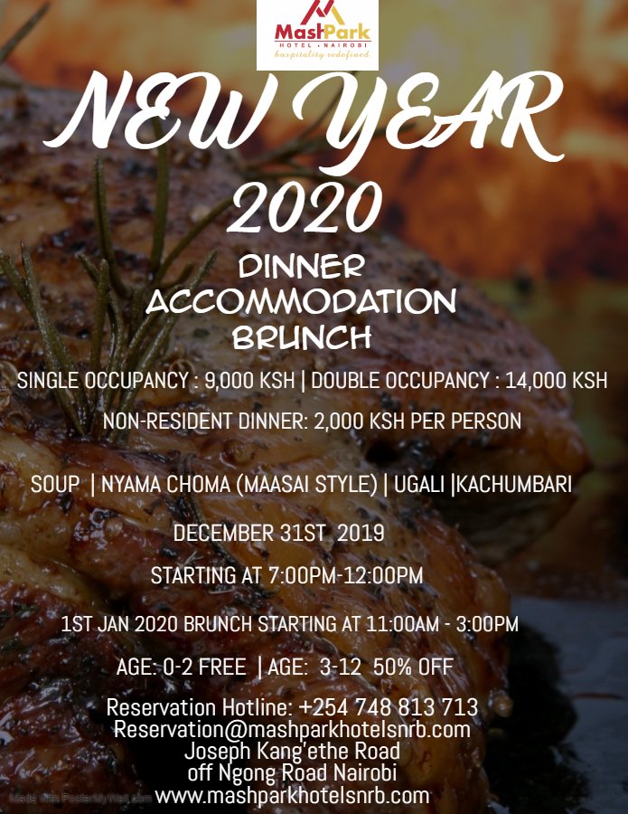 MashParkHotel's tweet photo. As the year ends we have prepared a special Dinner,Accommodation and Brunch package just for you starting from the the New year's Eve on 31st Dec 2019 all the way to the 1st Jan 2020. Please check details on the poster below and feel free to make queries anytime. https://t.co/76xmpNuMJU