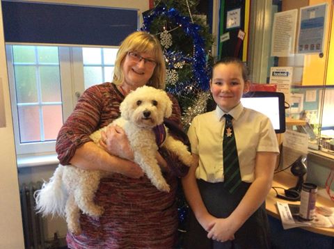 Wendy Steele came in this morning and visited the classrooms with her dog, Bo. Wendy is from the Wellingborough Homeless Forum and Bo features in the calendar that is for sale to help raise money!