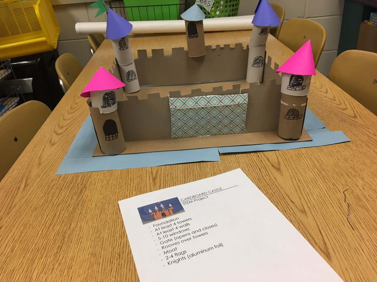 MrsCherryEL's tweet photo. THANKFUL for student-created castle from recycled materials. Students described parts of the castle and the process of making it on SeeSaw using transition words. Student-created rubric. Magic Tree House #2 - The Knight at Dawn #FAMEatBES @brookhillelem https://t.co/yCAzBYPfCu