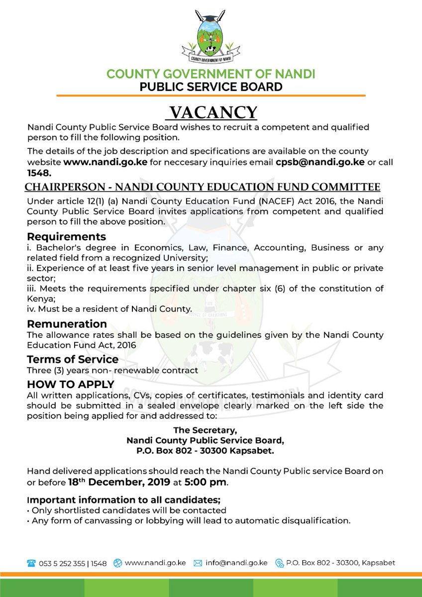 NandiCPSB's tweet photo. JOB VACANCY ALERT! 

POSITION: Chairperson Nandi County Education Education Fund Committee. #IkoKaziKe #IkoKazi029 https://t.co/RBjg69OyQk