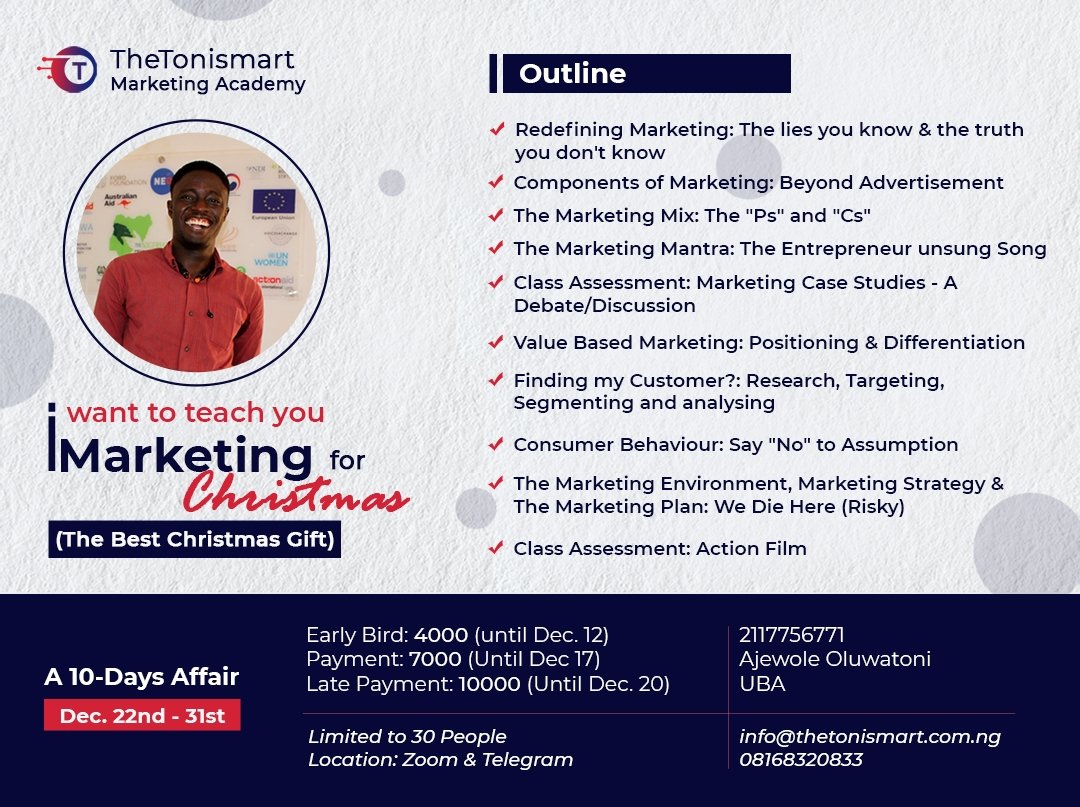 thetonismart's tweet photo. 1st of its kind

10 days of Intense Training

30 participants

5 Groups of 6 Individuals each

1 Group Debate/Discussion

30 marketing plans &amp; strategies

50 assessment questions

30 Certificates for all

3 Outstanding Students

1 Memorial Wall: 30 Pictures 

4,000 NAIRA ONLY https://t.co/MXzEsBMNNi